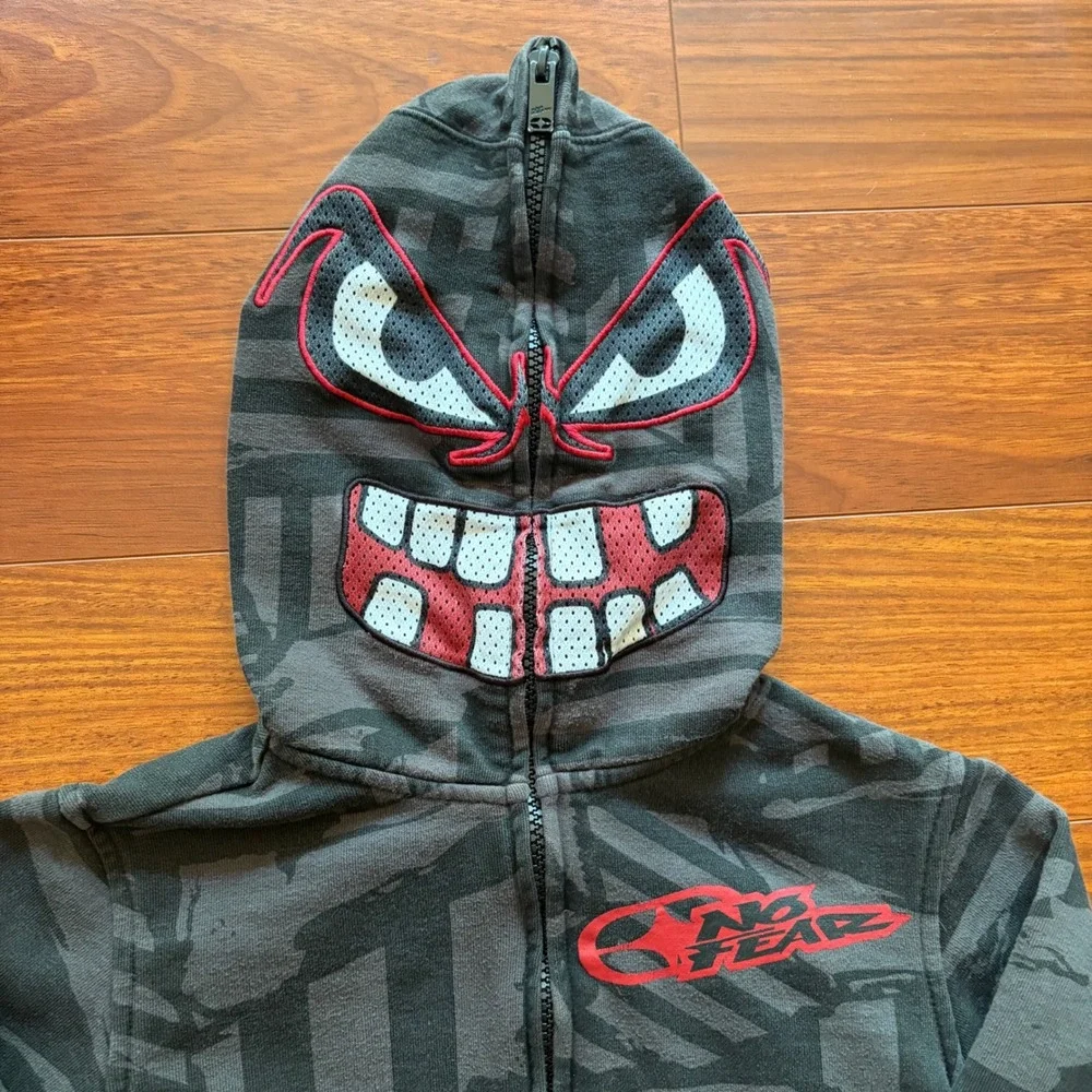 No Fear Boys Full Zip Monster Face Mask Hoodie S Gray Camo Skater Sweatshirt
